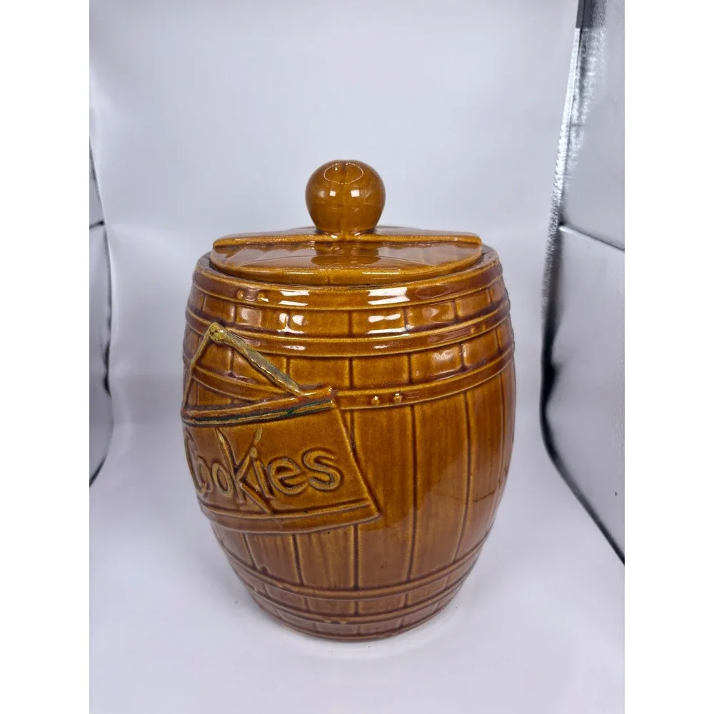 Vintage McCoy Pottery 1950s Brown Barrel Cookies Jar with Lid Mid Century Modern